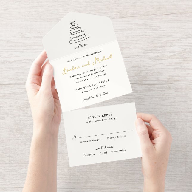 Tout En Un Invitation Doodle de gâteau tiré à la main Mariage moderne (Détachable)
