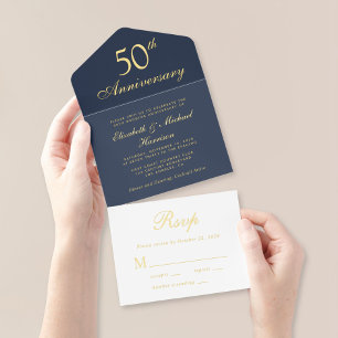 Tout En Un Invitation Élégant 50e anniversaire de Mariage Blue Gold