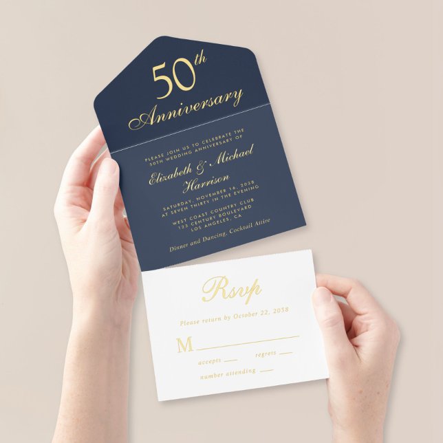 Tout En Un Invitation Élégant 50e anniversaire de Mariage Blue Gold (Créateur téléchargé)
