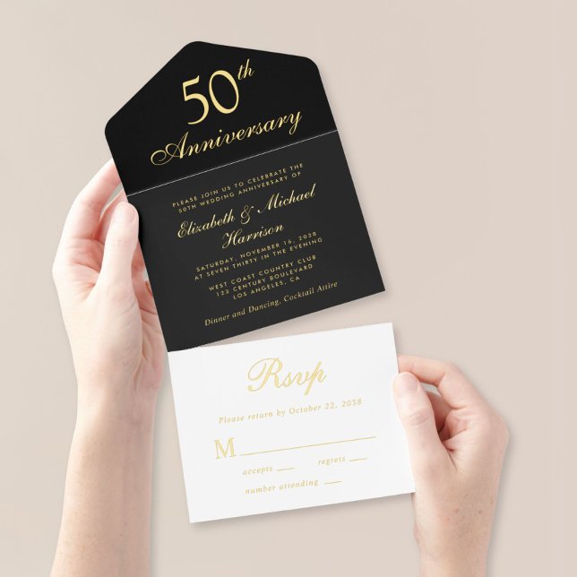 Tout En Un Invitation Élégant Black Gold 50e anniversaire Mariage (Créateur téléchargé)