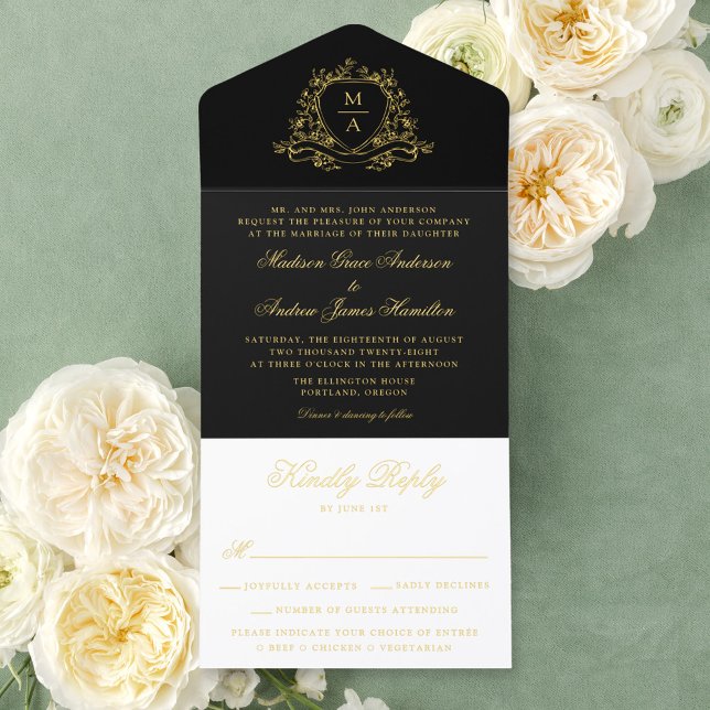 Tout En Un Invitation Elegant Black Gold Foil Crest Monogram Wedding  (Créateur téléchargé)