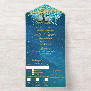 Tout En Un Invitation Elégant bleu Aqua Turquoise Mariage de feuilles de