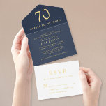 Tout En Un Invitation Elégant Blue 70th Birthday Party<br><div class="desc">Élégante et chic fête bleu marine 70e anniversaire invitation tout-en-un avec "Cheers to 70 Years", le nom de l'honoré, vos détails d'invitation et une carte postale réponse RSVP déchirante dans la typographie serif classique et le lettrage moderne propre, le tout rendu dans votre choix d'or, argent ou feuille d'or rose....</div>