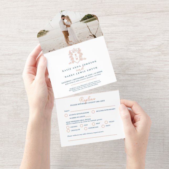 Tout En Un Invitation Elegant blue & rose gold monogrammed wedding foil (Détachable)