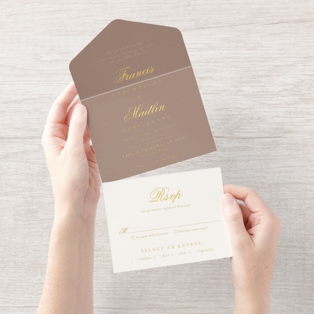 Tout En Un Invitation Elegant Brown Romantic Wedding (Détachable)