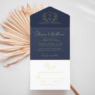 Tout En Un Invitation Élégant Crest Monogramme Script Mariage bleu