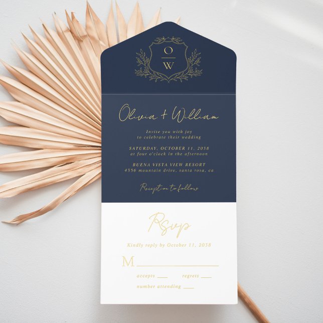 Tout En Un Invitation Élégant Crest Monogramme Script Mariage bleu (Créateur téléchargé)