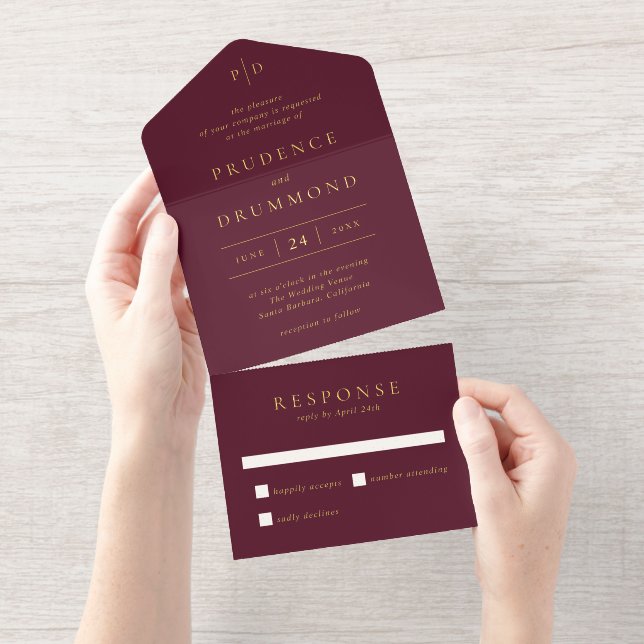 Tout En Un Invitation Elegant Deep Burgundy Classic Wedding (Détachable)