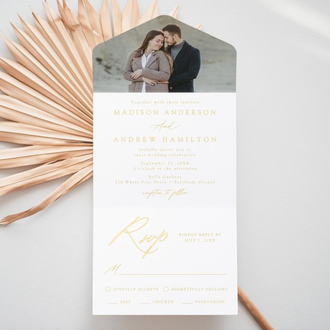 Tout En Un Invitation Elegant Gold Foil Calligraphy Photo Wedding (Créateur téléchargé)