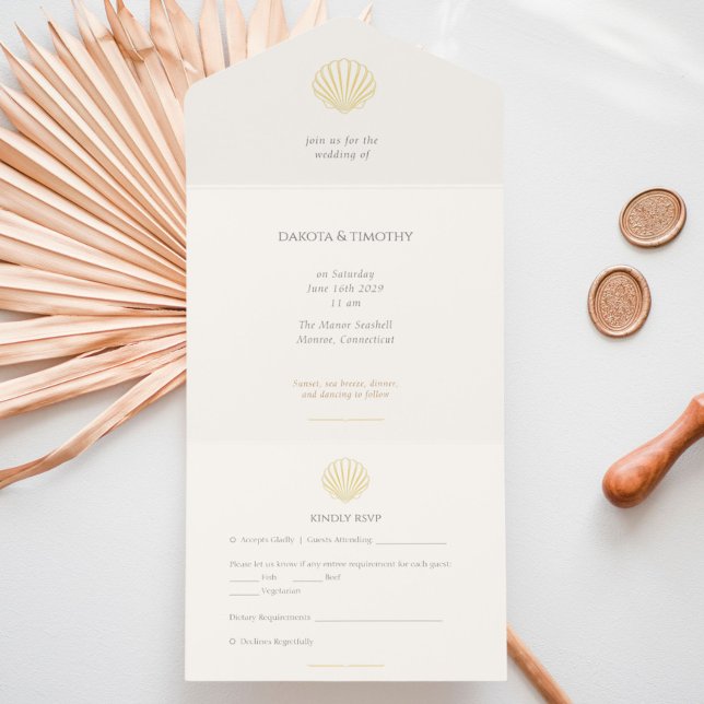 Tout En Un Invitation Elegant Gold foil Seashell Wedding  (Elegant Gold Seashell Wedding All In One Invitation)
