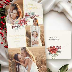 Tout En Un Invitation Élégant Joyeux Noël Floral Arc Or 2-Photo