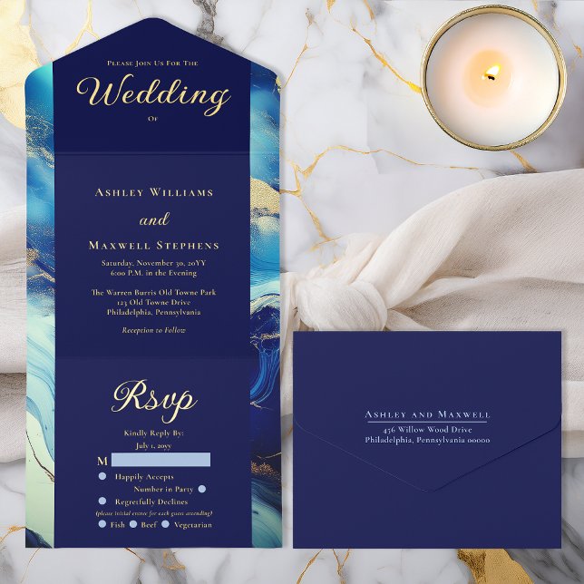 Tout En Un Invitation Elegant Luxury Navy Blue and Gold Marble Wedding (Elegant Luxury Navy Blue and Gold Tone Marble Wedding All in One Gold Foil Invitation)