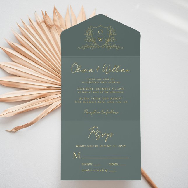 Tout En Un Invitation Élégant Mariage Monogramme Crête Script Couleur Sa (Créateur téléchargé)