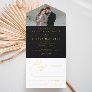 Tout En Un Invitation Élégant Mariage Photo Calligraphie Or Noir