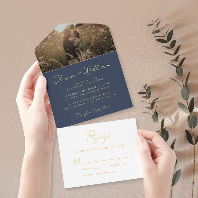 Tout En Un Invitation Élégant Mariage photo de script bleu (Créateur téléchargé)