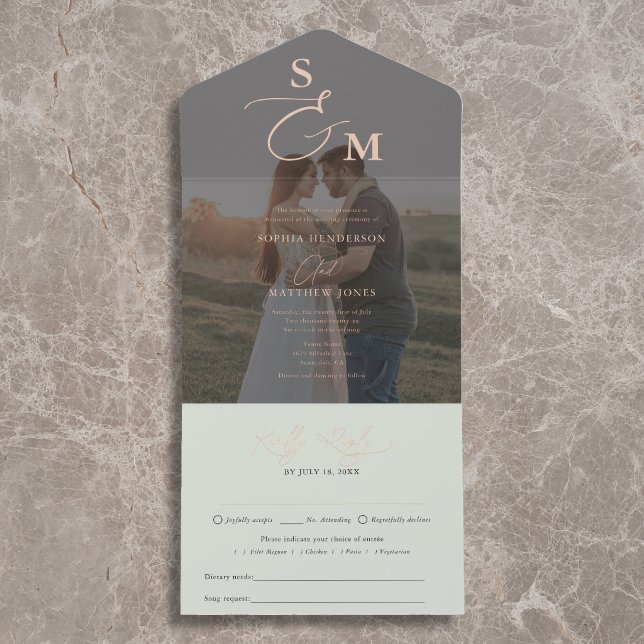 Tout En Un Invitation Élégant Mariage Photo Vert Sage Script (Créateur téléchargé)