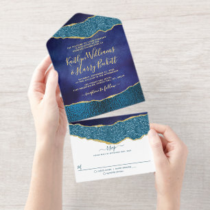 Tout En Un Invitation Elégant Marine Blue Geode Agate Mariage Real Foil