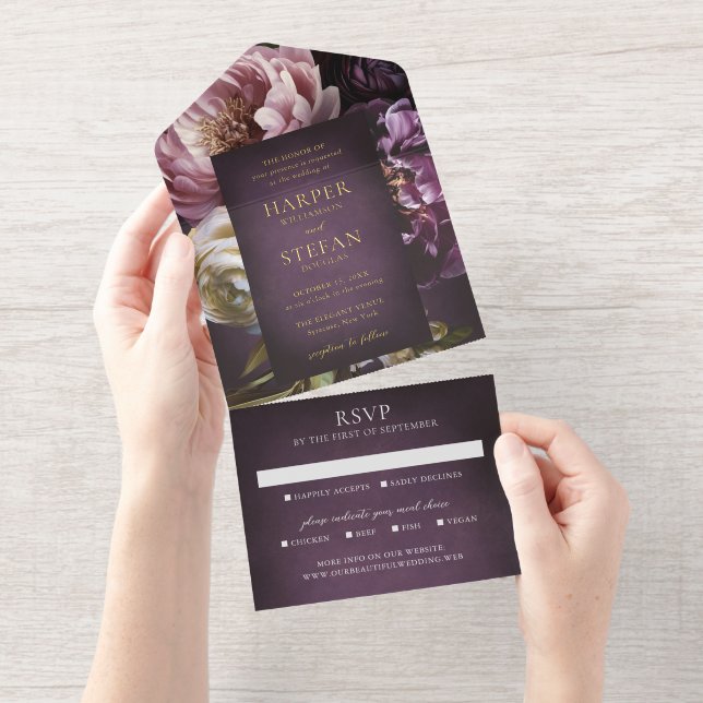 Tout En Un Invitation Elegant Maximalist Purple Floral Wedding (Détachable)