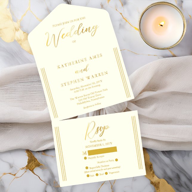 Tout En Un Invitation Elegant Modern Ivory Minimalist Wedding (Elegant Modern Ivory Minimalist Wedding All in One Gold Foil (inside--See Description) Invitation)