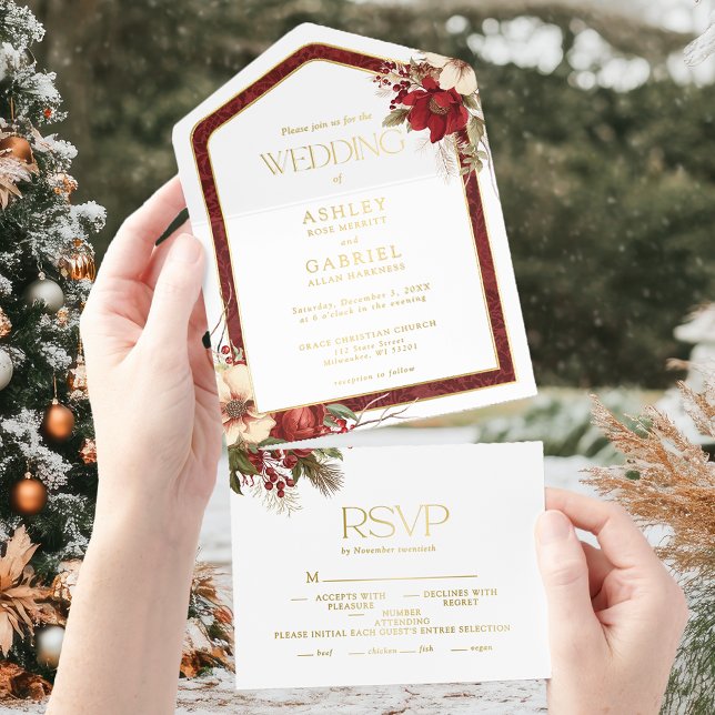 Tout En Un Invitation Élégant Noël Rouge Damas Floral (Créateur téléchargé)