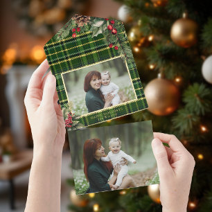 Tout En Un Invitation Élégant Vert/Or Pile Plaid Holly Photo