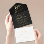 Tout En Un Invitation Élégante Black 70th Birthday Party<br><div class="desc">Élégante invitation tout-en-un de 70e anniversaire noir avec "70 & Fabulous" et votre nom dans des scripts chic,  vos détails de fête en lettres simples,  et une carte postale RSVP déchirante blanche,  le tout rendu dans votre choix d'or,  argent ou feuille d'or rose.</div>