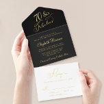 Tout En Un Invitation Élégante Black 70th Birthday Party<br><div class="desc">Élégante 70ème anniversaire de fête en noir tout-en-un invitation avec "70 & Fabulous" et votre nom présenté dans des scripts de calligraphie chic, les détails de votre fête dans la lettrage moderne, et une carte postale RSVP déchirante blanche pour une réponse facile sans enveloppe de vos invités. Tout le texte...</div>