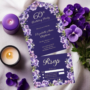 Tout En Un Invitation Élégante Violette violette Florale 60e fête d'anni