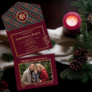 Tout En Un Invitation Élégantes Baies de Houx à Carreaux Photo de Noël
