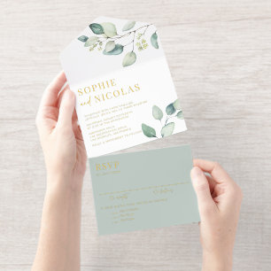 Tout En Un Invitation Faire-part de mariage à l'aquarelle vert sauge Euc