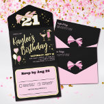 Tout En Un Invitation Fille Noir Rose Gold Bow 21 fête d'anniversaire<br><div class="desc">Le tout dans une feuille d'or 21ème anniversaire invitation à la fête avec un design girly en papier rose, noir et or avec 21 en haut, portant un joli arc rose dessiné en feuille d'or. Des détails comme des boissons roses et des ballons roses et des éruptions brillantes. L'invitation parfaite...</div>