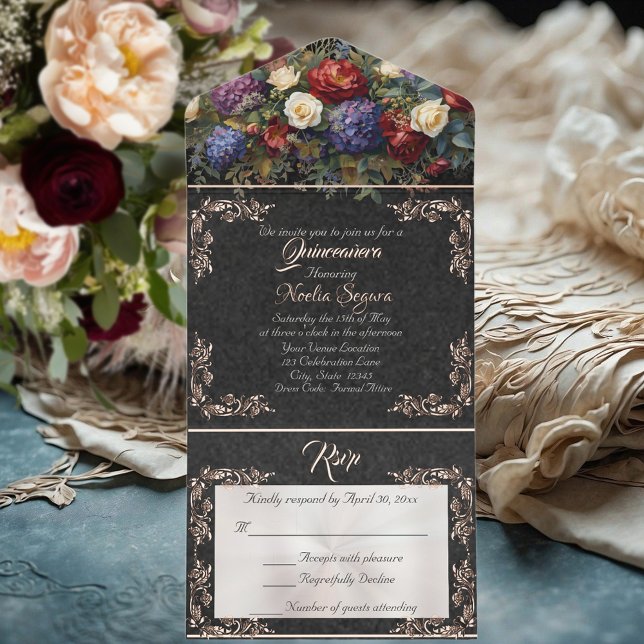 Tout En Un Invitation Foil Leaf Frame Quinceanera - Black/Floral Bouquet (Créateur téléchargé)
