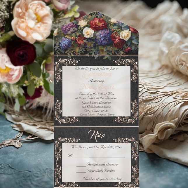 Tout En Un Invitation Foil Leaf Frame Quinceanera - Pearl/Floral Bouquet (Créateur téléchargé)