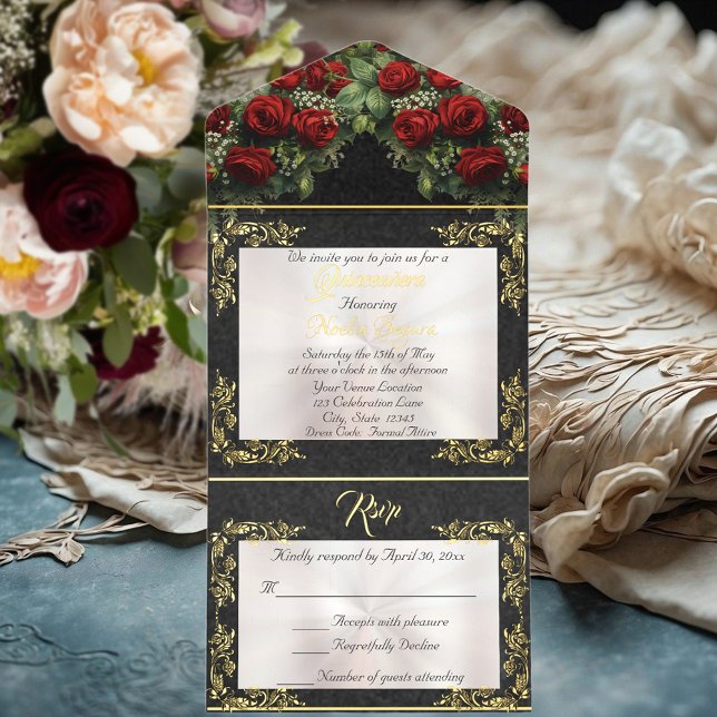 Tout En Un Invitation Foil Leaf Frame Quinceanera - Pearl/Rose Bouquet (Créateur téléchargé)