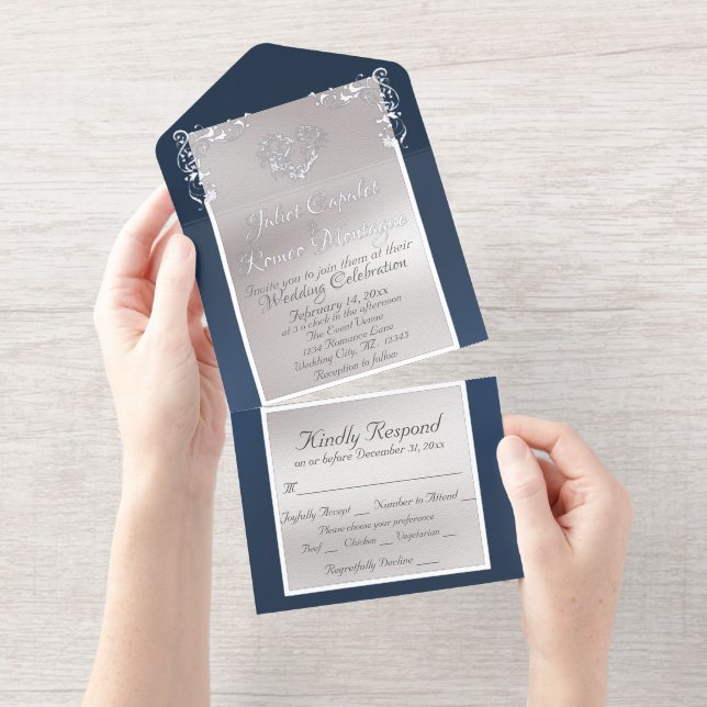Tout En Un Invitation Foil Ornate Frame & Heart - Blue (Détachable)