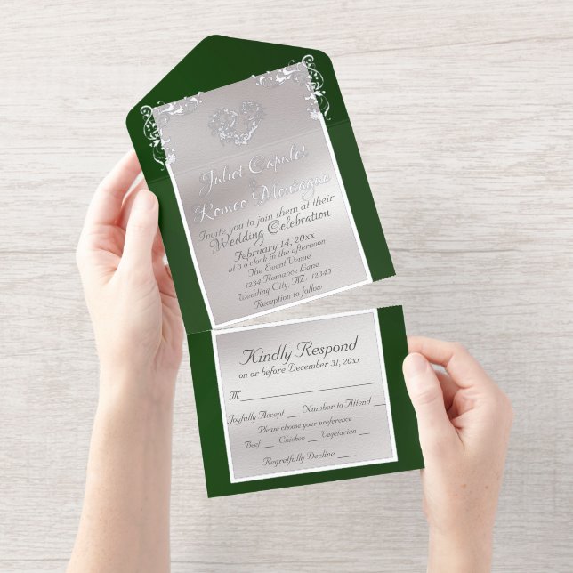 Tout En Un Invitation Foil Ornate Frame & Heart - Emerald (Détachable)