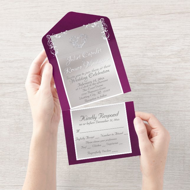 Tout En Un Invitation Foil Ornate Frame & Heart - Purple (Détachable)