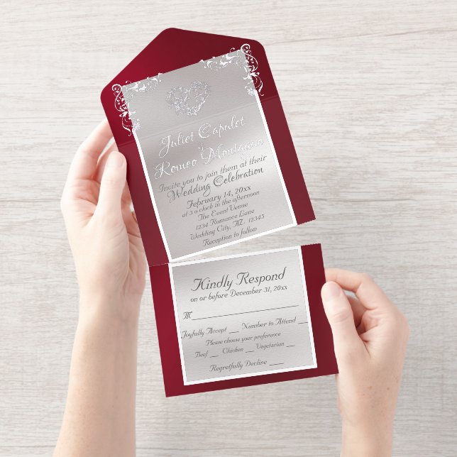 Tout En Un Invitation Foil Ornate Frame & Heart - Red (Détachable)