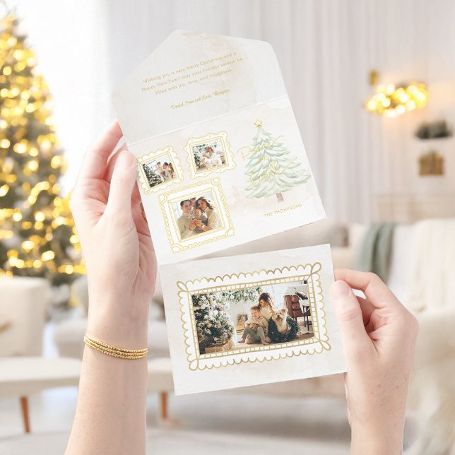 Tout En Un Invitation Fun Gold Doodle Frame Peace on Earth 3-Photo (Créateur téléchargé)