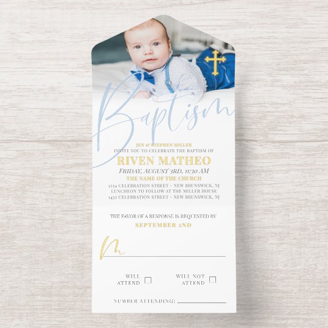 Tout En Un Invitation Gold Cross Pale Blue Script Photo Baptism Foil (Intérieur)