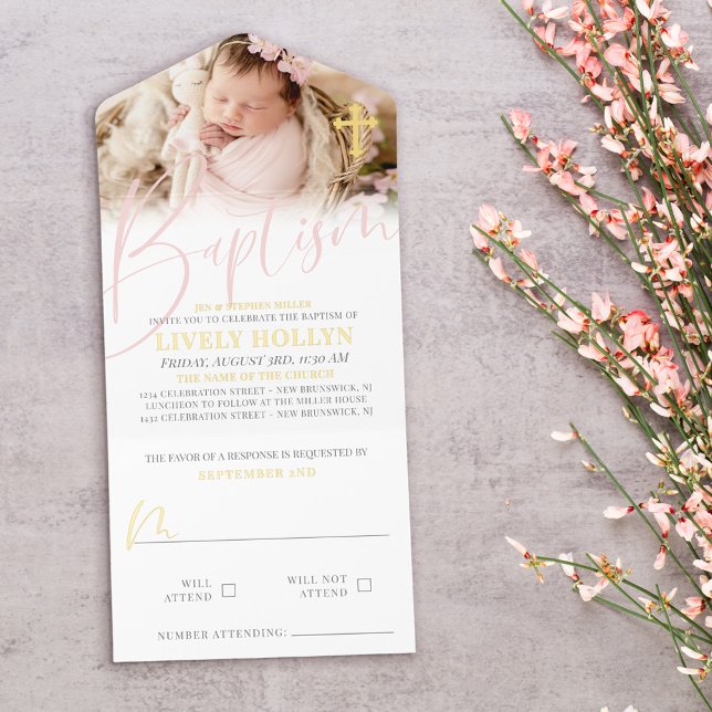 Tout En Un Invitation Gold Cross Pale Pink Script Photo Baptism Foil (Créateur téléchargé)