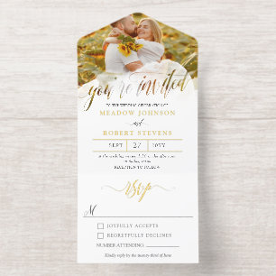 Tout En Un Invitation Gossamer Overlay Photo Mariage informel Or