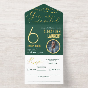 Tout En Un Invitation Green Gold String Lumières Photo Milestone Anniver