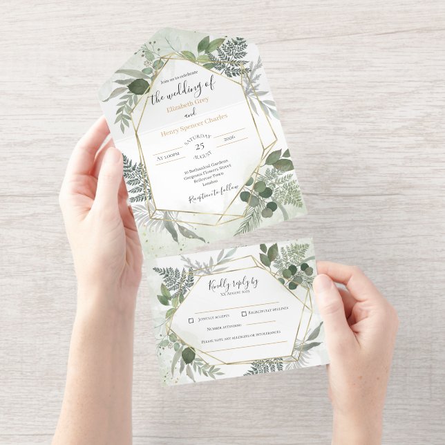 Tout En Un Invitation Greenery boho gold watercolour geometric wedding (Détachable)