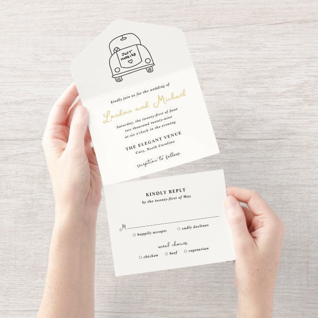 Tout En Un Invitation Hand Drawn Car Doodle Modern Wedding (Détachable)