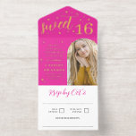 Tout En Un Invitation Hot Rose Gold Stars Flares Arch Photo Sweet 16<br><div class="desc">Tout en un Sweet 16 invitation parfait pour une célébration de sweet sixteen rose chaud glamour avec des polices de feuille d'or, et de petites étoiles de feuille d'or et des fusées d'incendie contre une ombre profonde et brillante de rose fuchsia. Ajoutez une photo de la fille d'anniversaire en forme...</div>