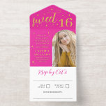 Tout En Un Invitation Hot Rose Gold Stars Flares Arch Photo Sweet 16<br><div class="desc">Tout en un Sweet 16 invitation parfait pour une célébration de sweet sixteen rose chaud glamour avec des polices de feuille d'or, et de petites étoiles de feuille d'or et des fusées d'incendie contre une ombre profonde et brillante de rose fuchsia. Ajoutez une photo de la fille d'anniversaire en forme...</div>
