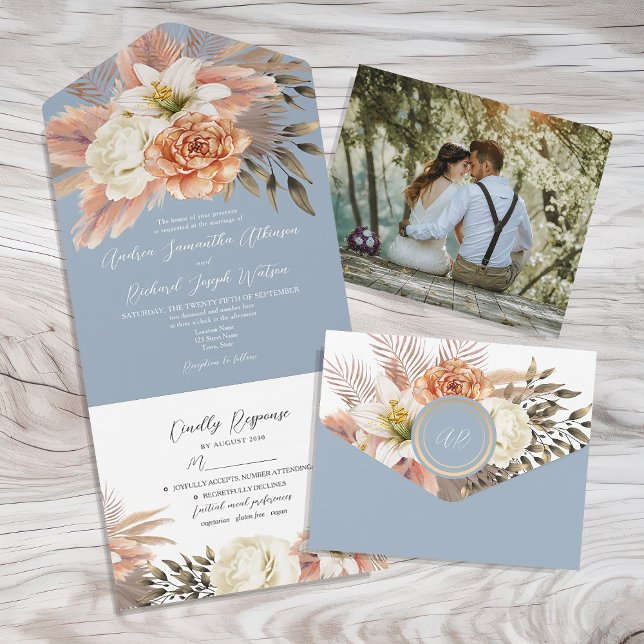 Tout En Un Invitation intégrée Fleurs de pêche bleu poussiére (Créateur téléchargé)