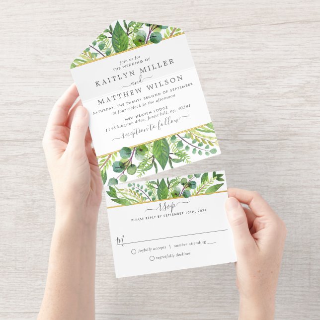 Tout En Un Invitation La Collection Mariage Verdure & Or (Détachable)