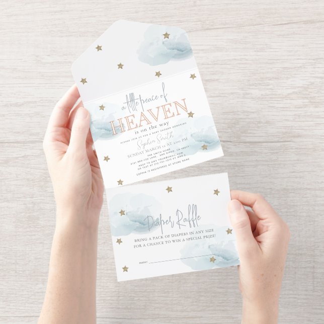Tout En Un Invitation Little Peace of Heaven Blue Cloud Baby Shower Foil (Détachable)